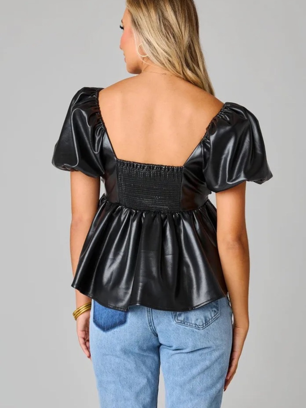 Buddy Love Black Faux Leather Peplum Top with Puff Sleeves - Picture 7 of 8